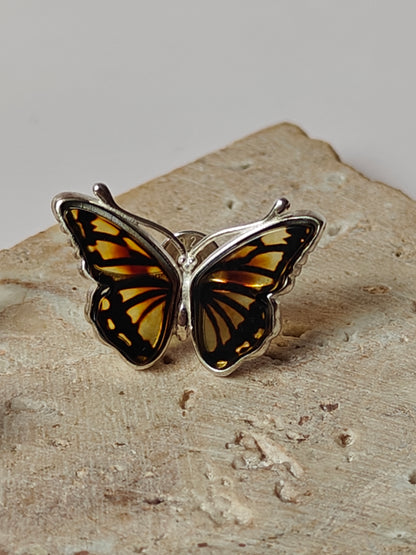 Butterfly Shaped Citron Stud Amber Earrings in Silver Frame