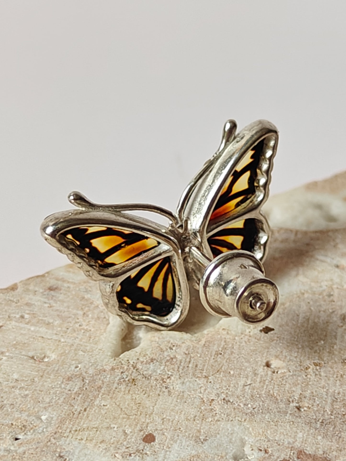 Butterfly Shaped Citron Stud Amber Earrings in Silver Frame