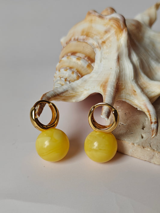 Large Butterscotch Amber Ball Stud Earrings in Gold Plated Silver