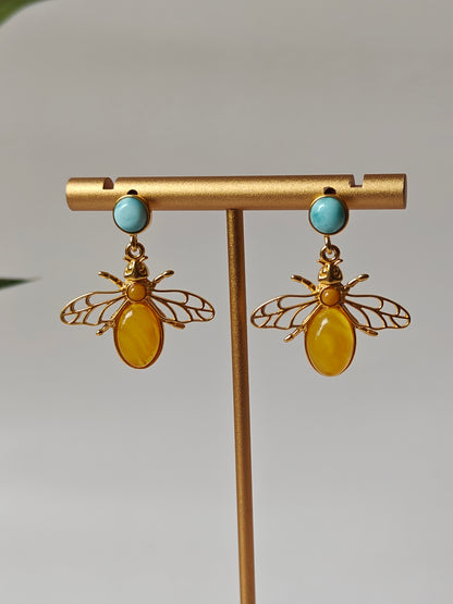 Bee Shaped Butterscotch Amber Stud Earrings with Larimar in Gold Plated Silver Frame