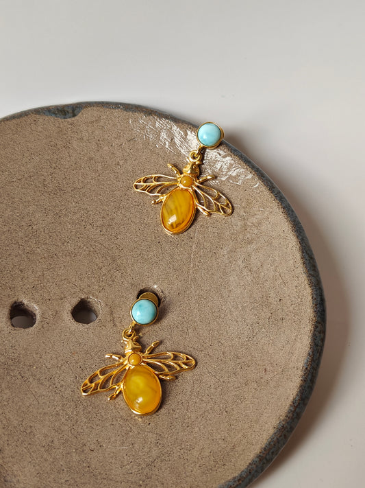 Bee Shaped Butterscotch Amber Stud Earrings with Larimar in Gold Plated Silver Frame