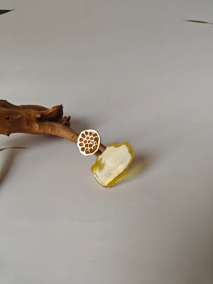 Unique Raw Citron and Royal White Amber Ring with Lotus Pod in Gold Plated Silver