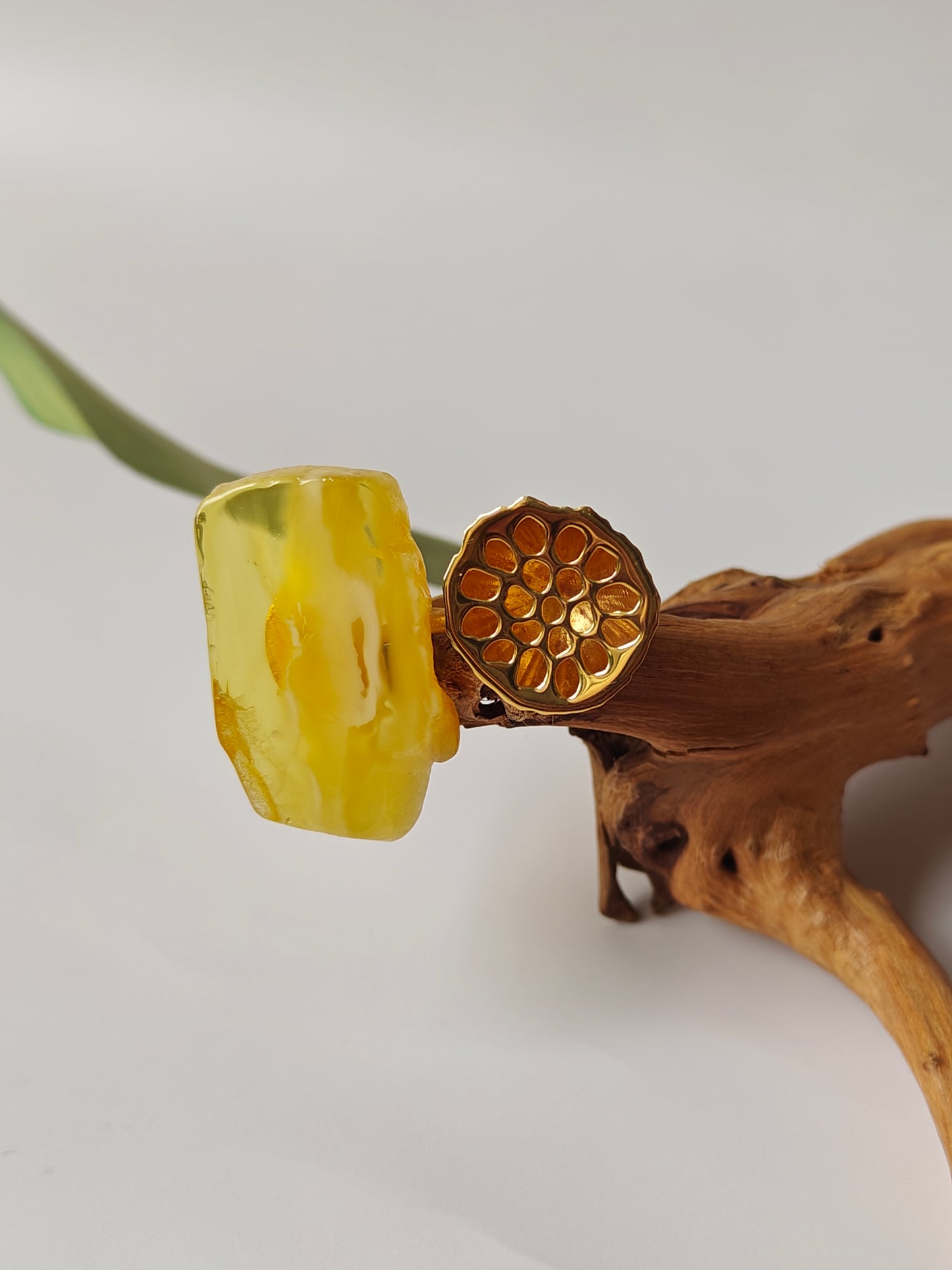 Unique Raw Citron and Royal White Amber Ring with Lotus Pod in Gold Plated Silver