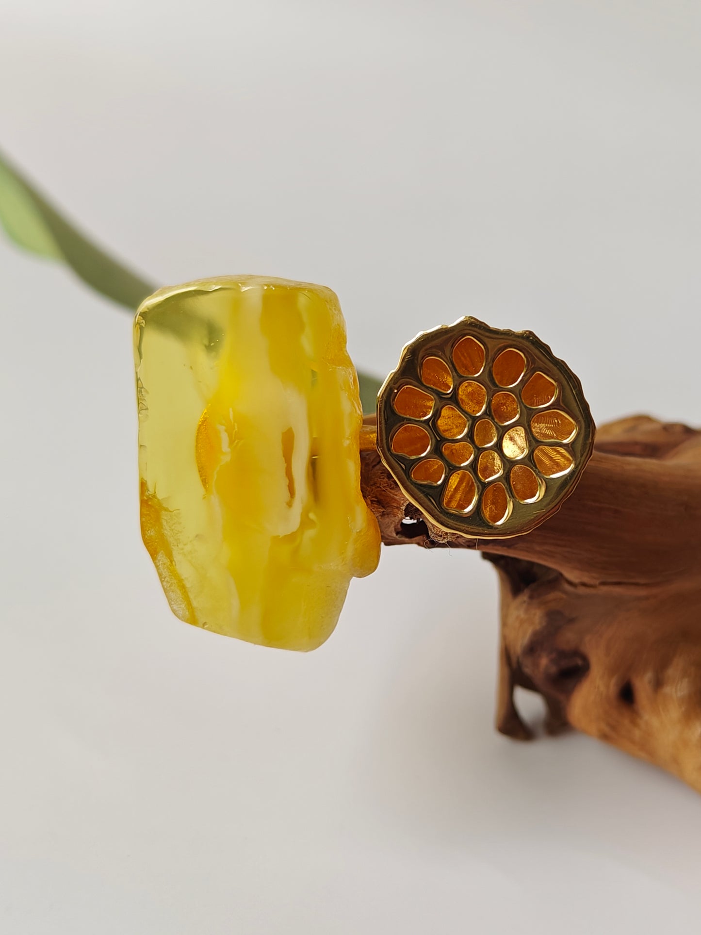 Unique Raw Citron and Royal White Amber Ring with Lotus Pod in Gold Plated Silver