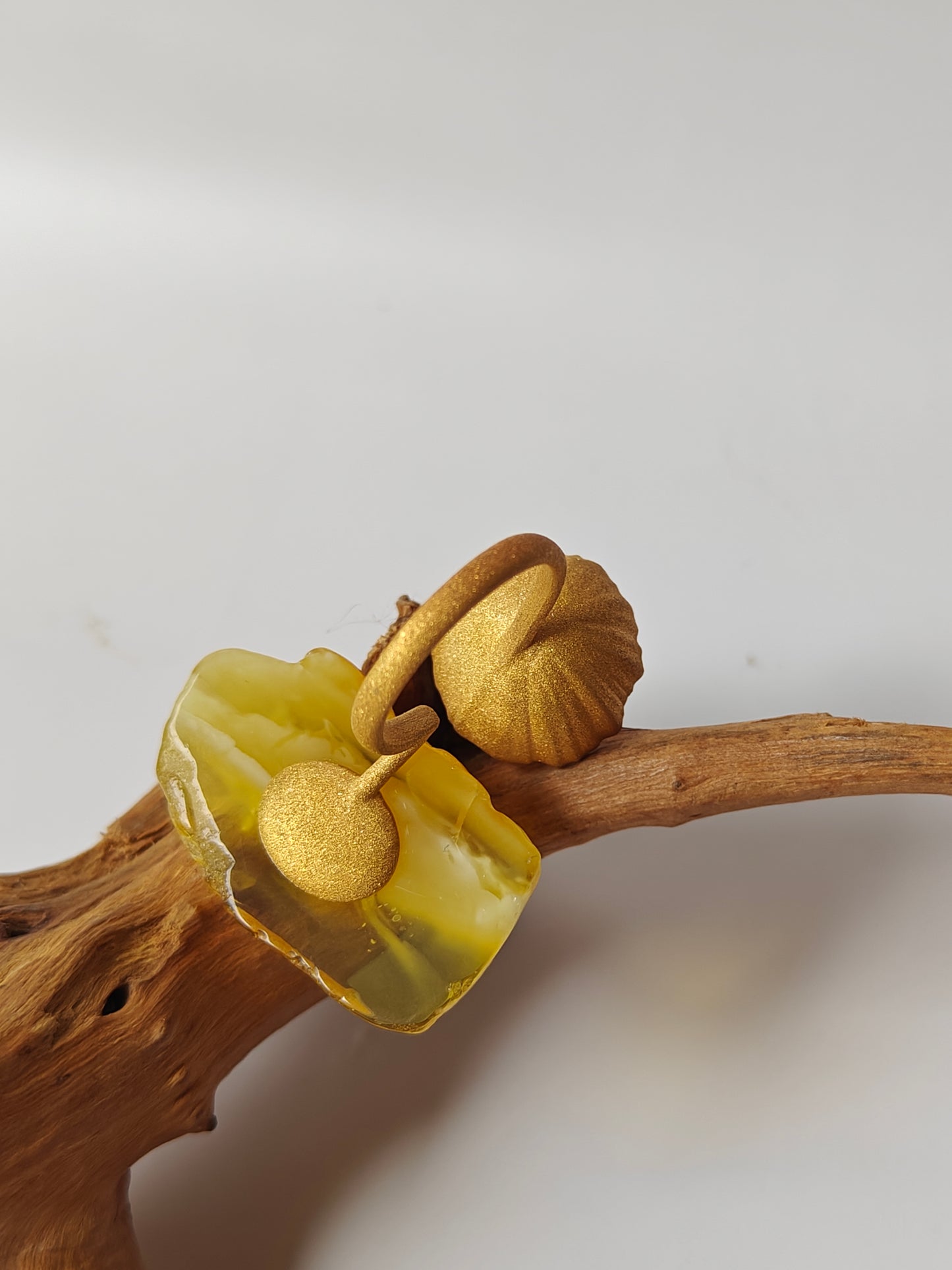 Unique Raw Citron and Royal White Amber Ring with Lotus Pod in Gold Plated Silver