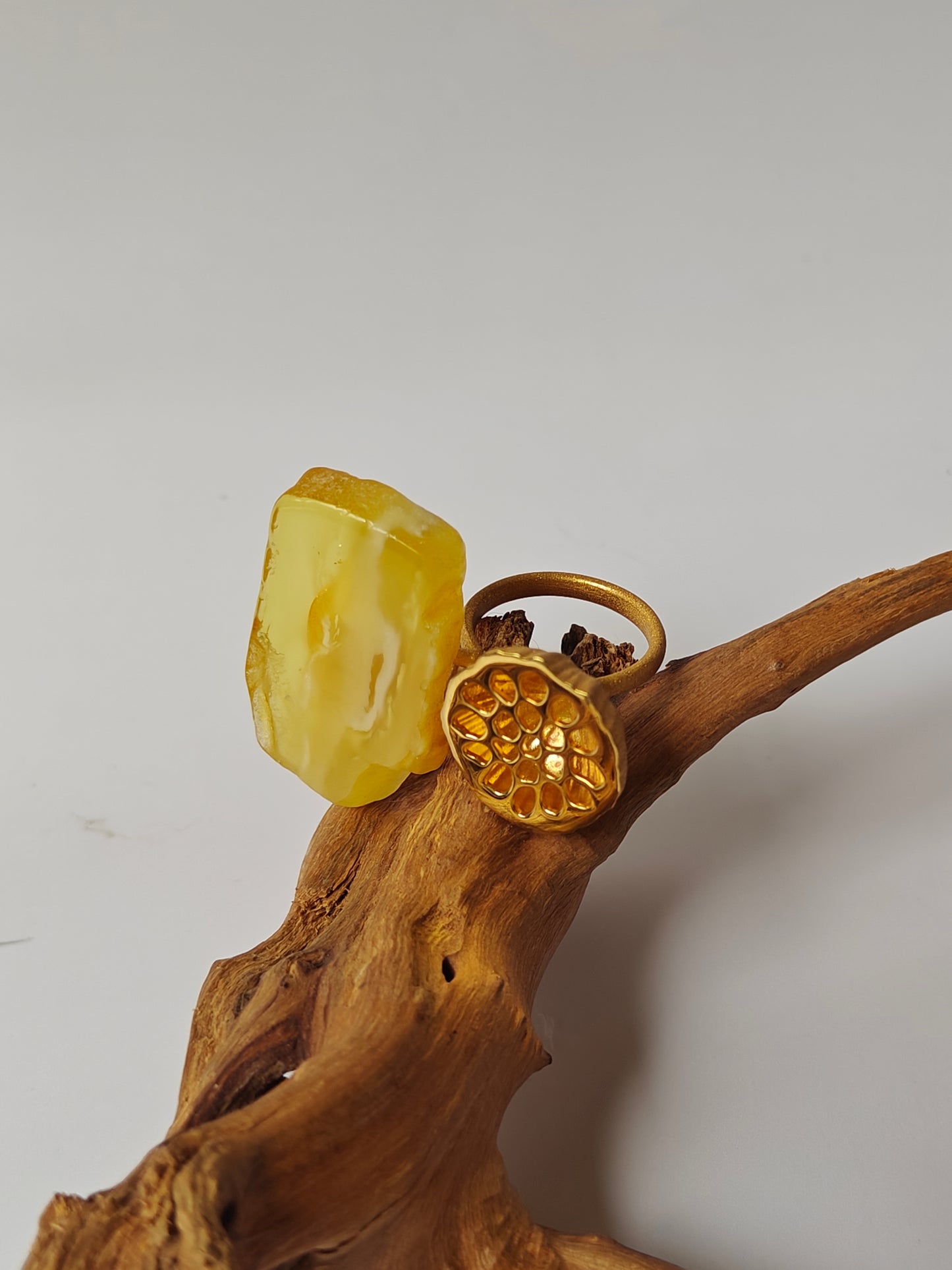 Unique Raw Citron and Royal White Amber Ring with Lotus Pod in Gold Plated Silver