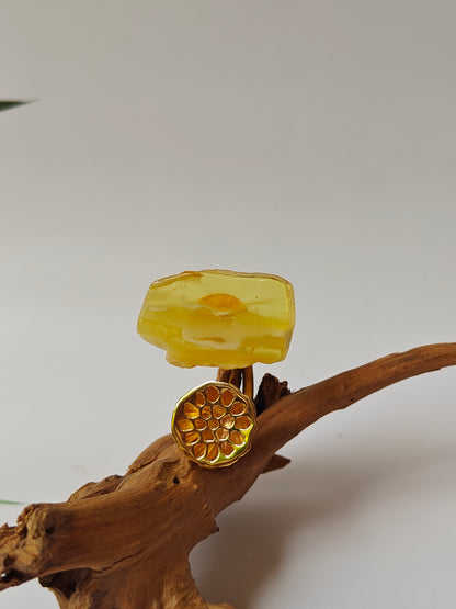 Unique Raw Citron and Royal White Amber Ring with Lotus Pod in Gold Plated Silver