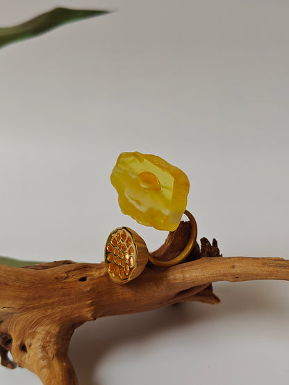 Unique Raw Citron and Royal White Amber Ring with Lotus Pod in Gold Plated Silver