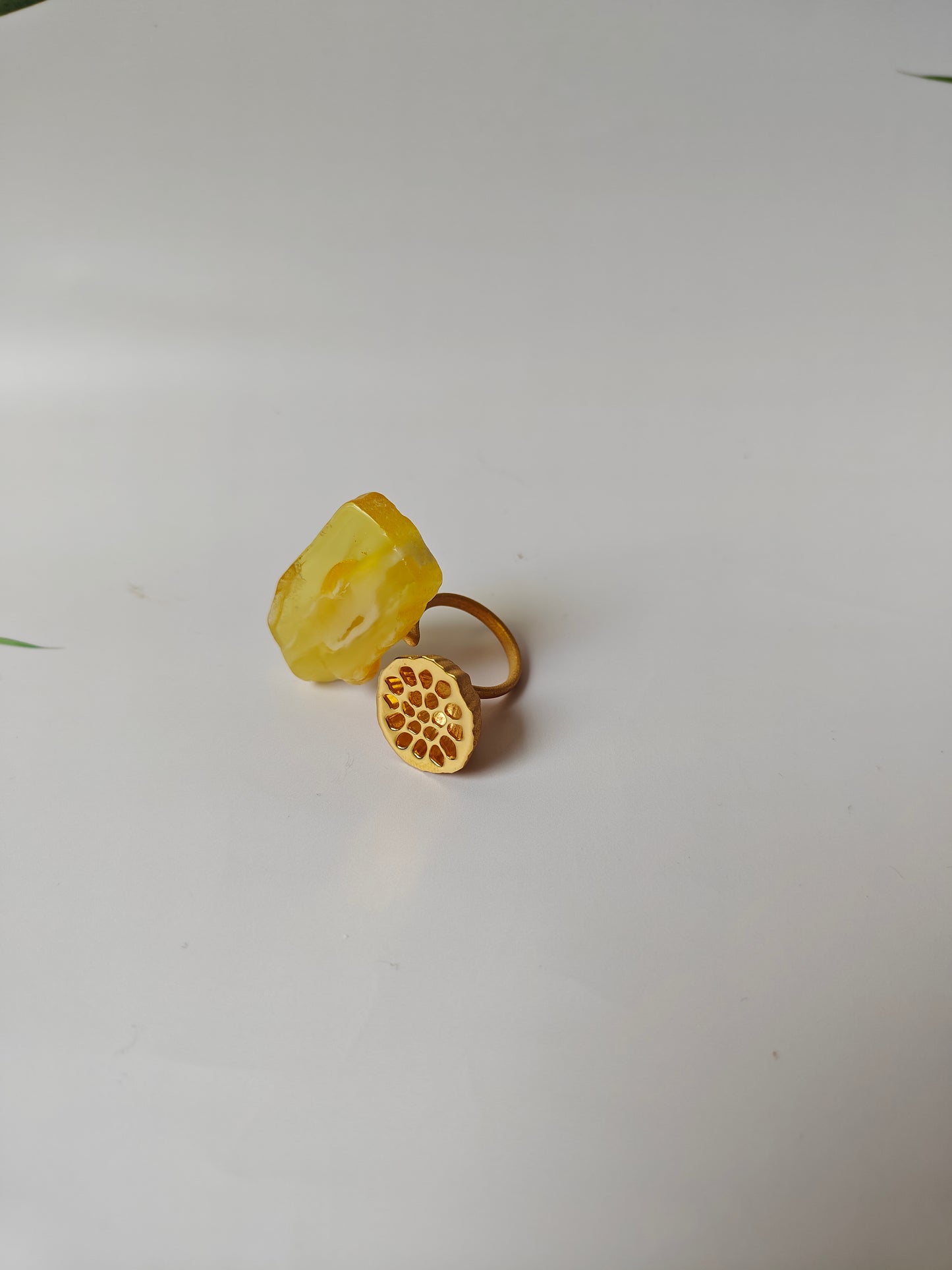 Unique Raw Citron and Royal White Amber Ring with Lotus Pod in Gold Plated Silver