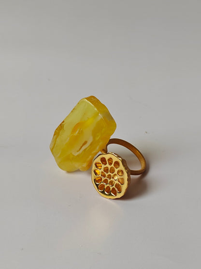 Unique Raw Citron and Royal White Amber Ring with Lotus Pod in Gold Plated Silver