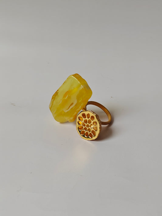 Unique Raw Citron and Royal White Amber Ring with Lotus Pod in Gold Plated Silver
