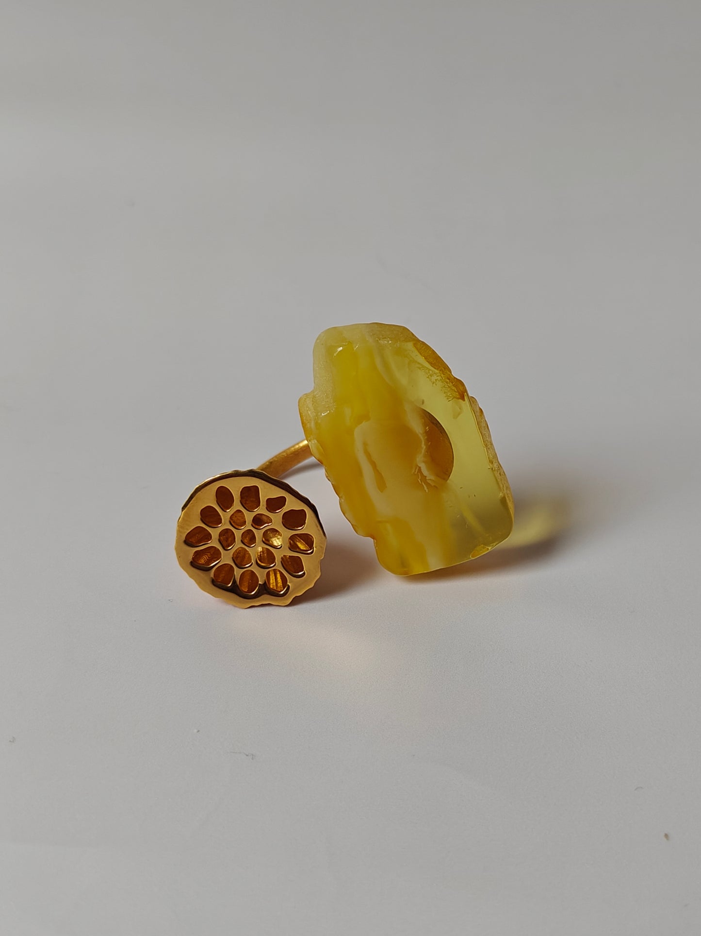 Unique Raw Citron and Royal White Amber Ring with Lotus Pod in Gold Plated Silver