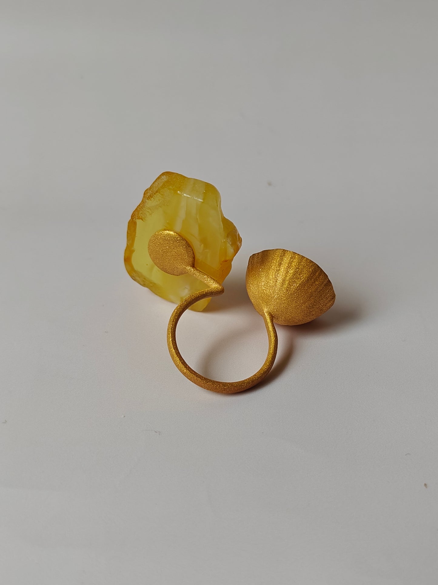 Unique Raw Citron and Royal White Amber Ring with Lotus Pod in Gold Plated Silver