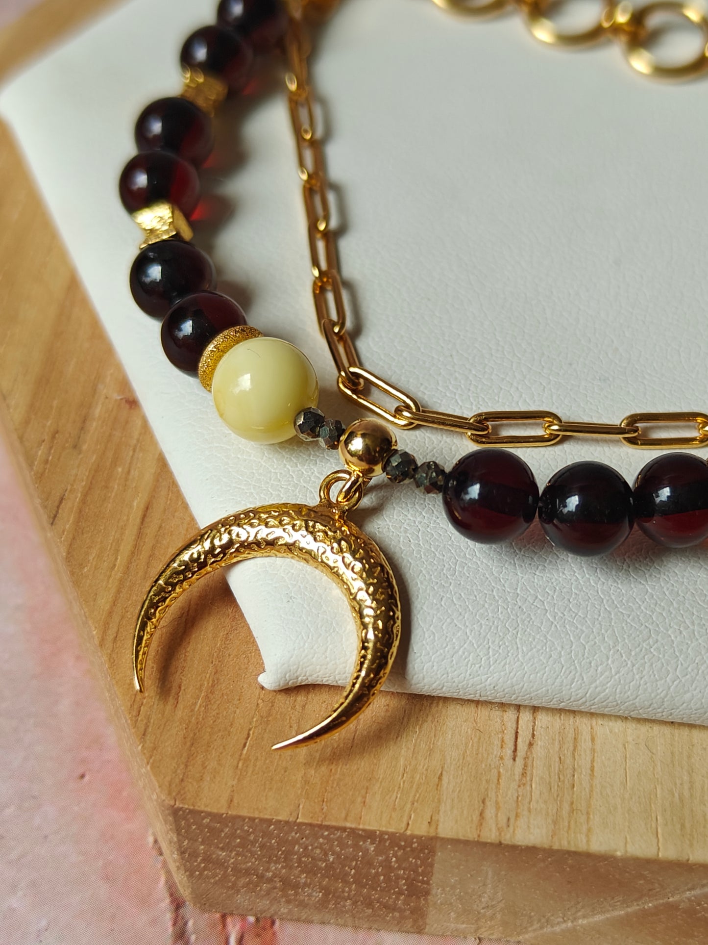 Double Bracelet with Cherry and White Beaded Amber and Gold Plated Silver