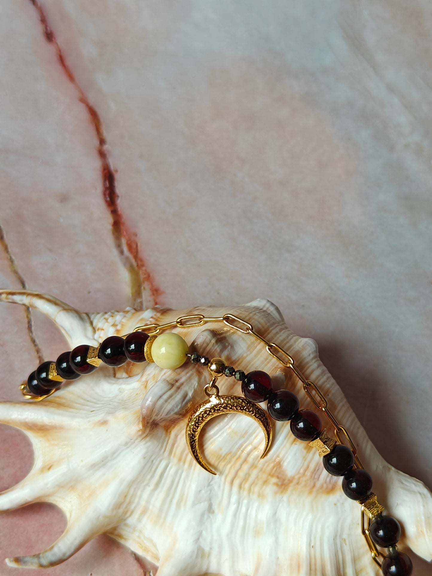 Double Bracelet with Cherry and White Beaded Amber and Gold Plated Silver