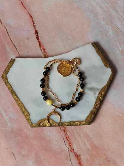 Double Bracelet with Cherry and White Beaded Amber and Gold Plated Silver