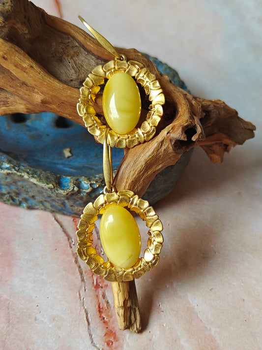Round Butterscotch Amber Earrings in Matt Finish Gold Plated Silver Frame