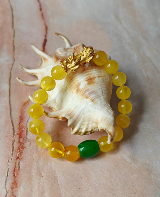 Natural Amber Pixiu Beaded Bracelet With Gold Plated Titanium and Green Jade