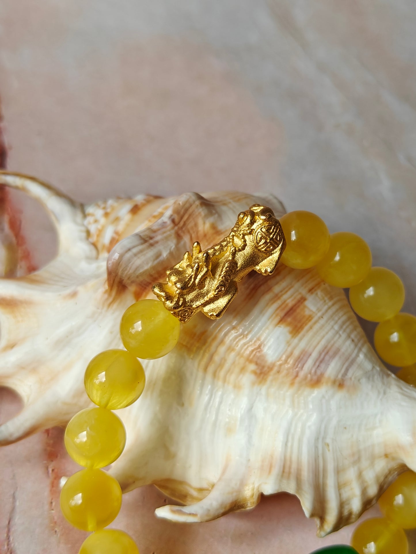 Natural Amber Pixiu Beaded Bracelet With Gold Plated Titanium and Green Jade