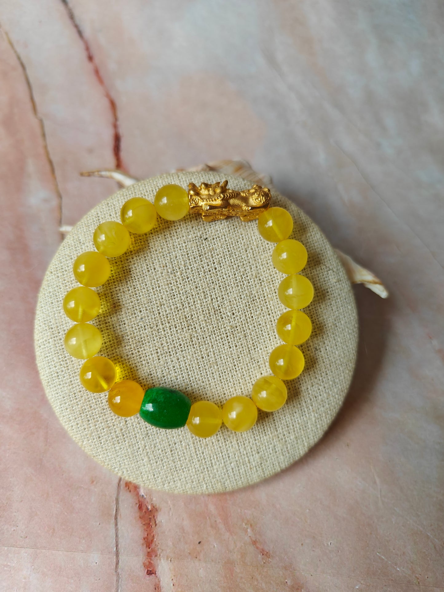 Natural Amber Pixiu Beaded Bracelet With Gold Plated Titanium and Green Jade