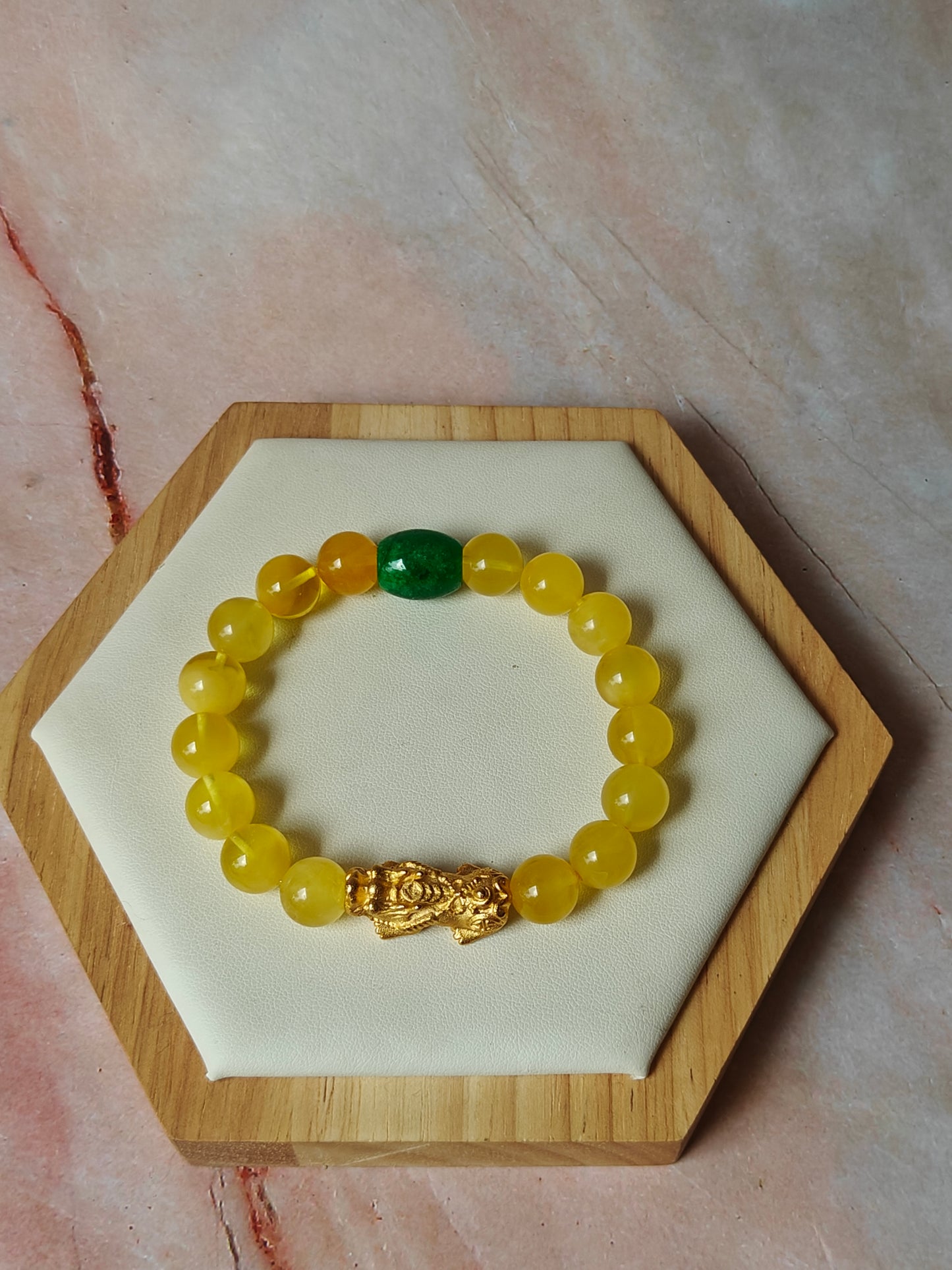 Natural Amber Pixiu Beaded Bracelet With Gold Plated Titanium and Green Jade