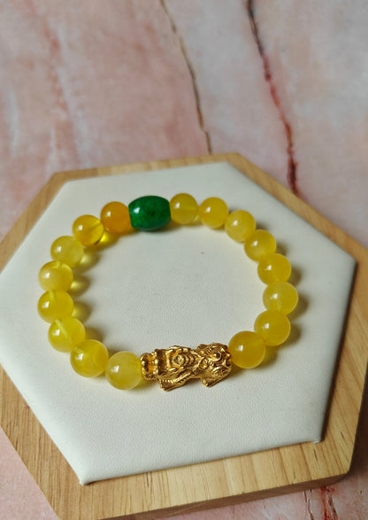 Natural Amber Pixiu Beaded Bracelet With Gold Plated Titanium and Green Jade