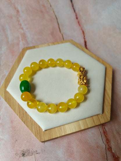 Natural Amber Pixiu Beaded Bracelet With Gold Plated Titanium and Green Jade