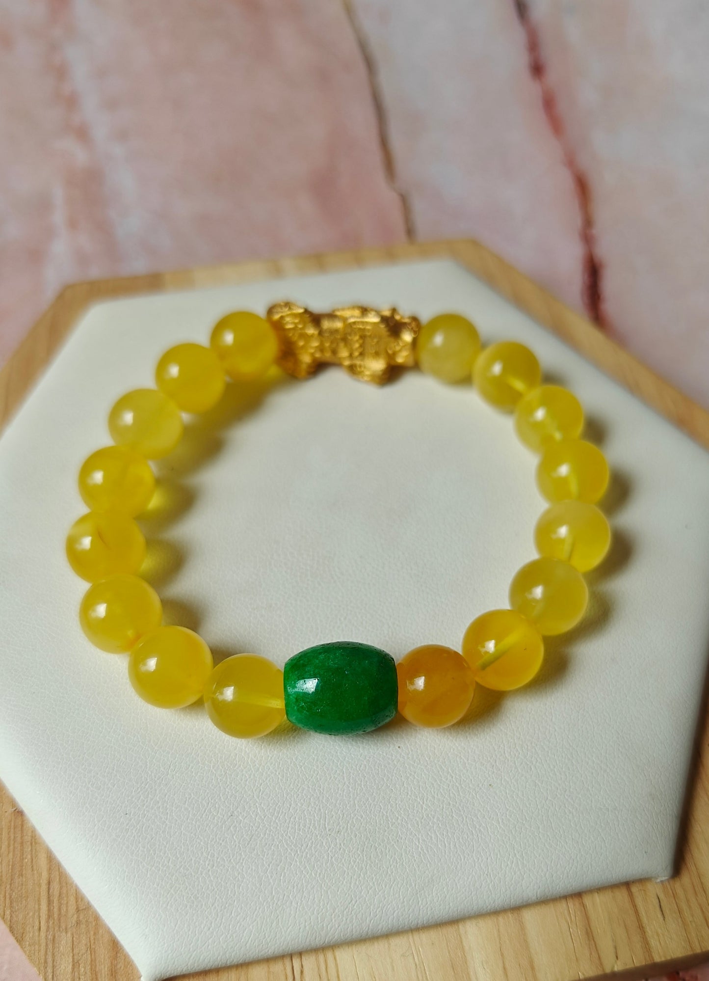 Natural Amber Pixiu Beaded Bracelet With Gold Plated Titanium and Green Jade