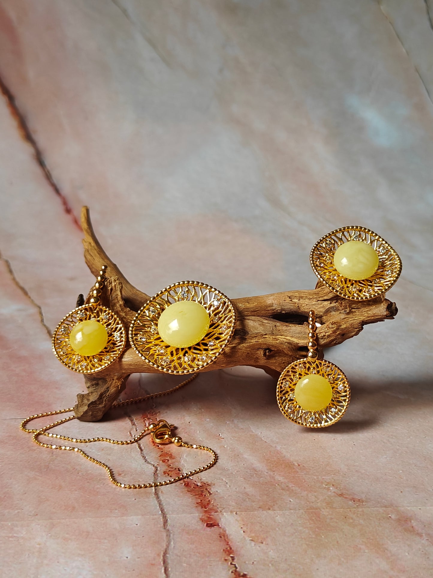 Supertree inspired Dangling Stud Earrings with Royal White Amber and Cubic Zirconias in Gold Plated Silver