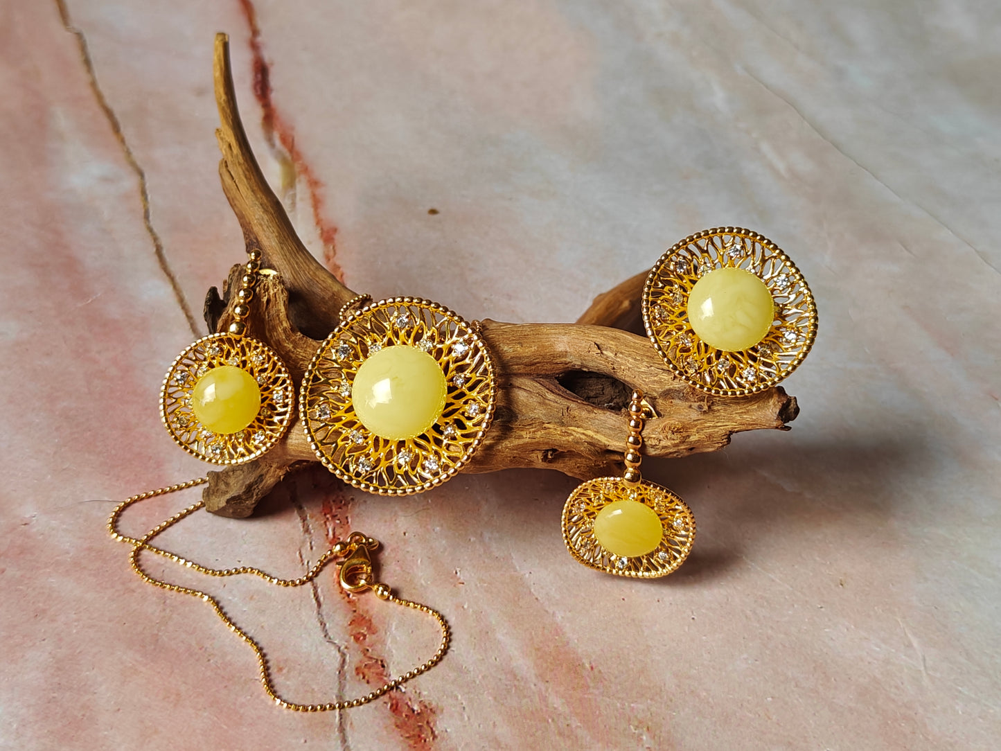 Supertree inspired Dangling Stud Earrings with Royal White Amber and Cubic Zirconias in Gold Plated Silver