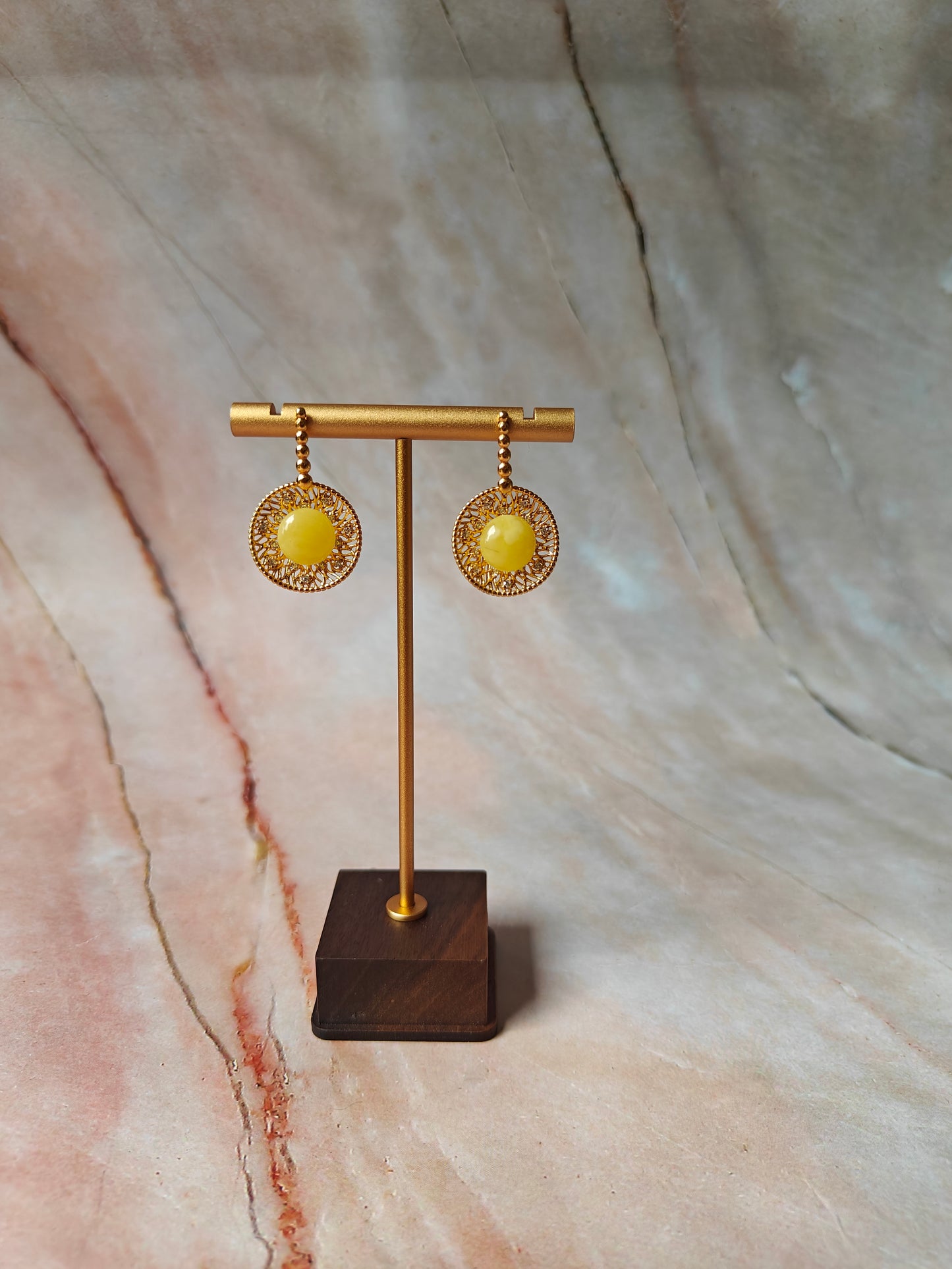 Supertree inspired Dangling Stud Earrings with Royal White Amber and Cubic Zirconias in Gold Plated Silver