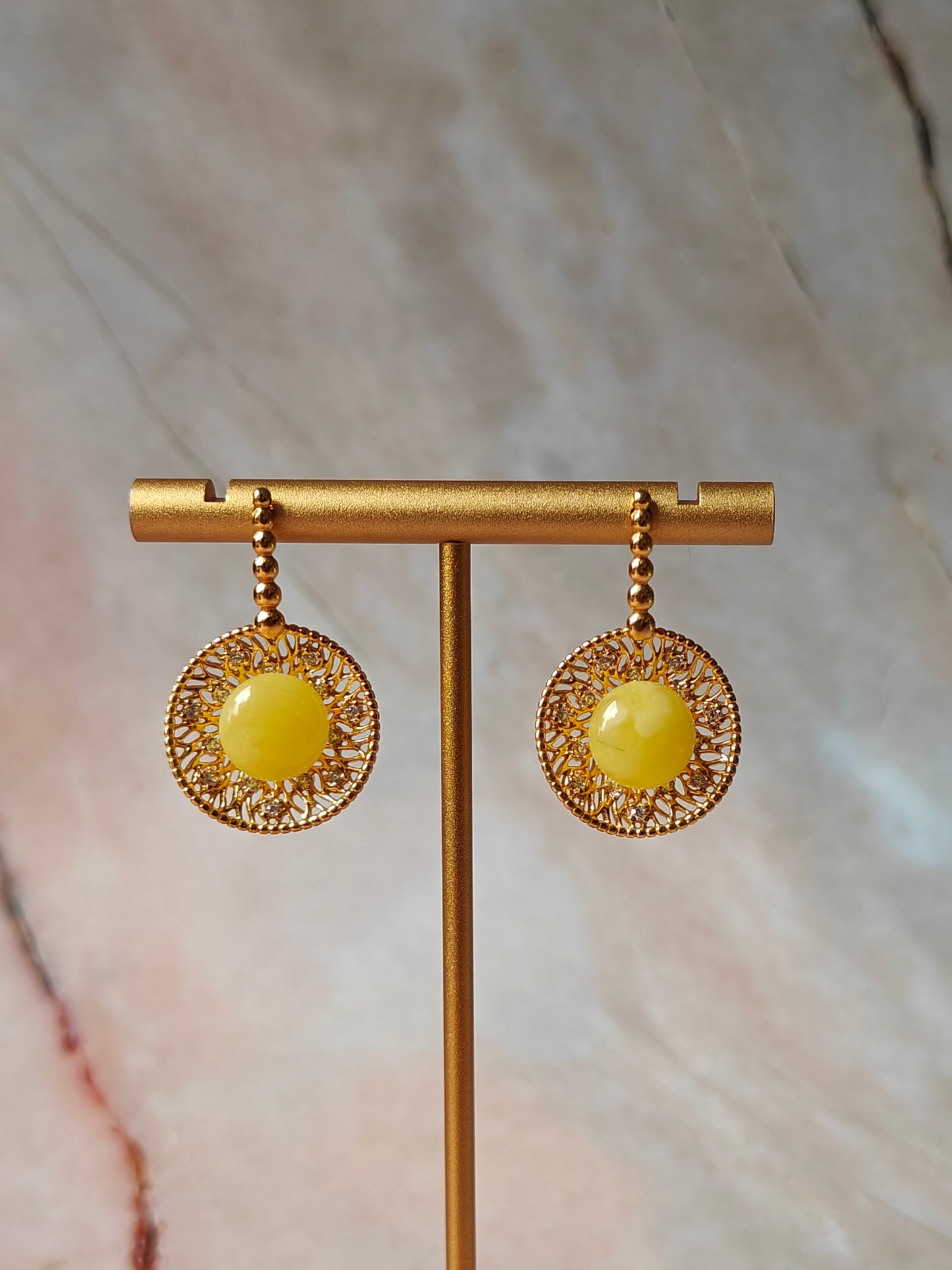 Supertree inspired Dangling Stud Earrings with Royal White Amber and Cubic Zirconias in Gold Plated Silver