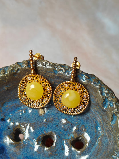 Supertree inspired Dangling Stud Earrings with Royal White Amber and Cubic Zirconias in Gold Plated Silver