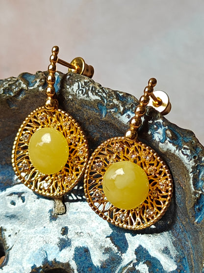 Supertree inspired Dangling Stud Earrings with Royal White Amber and Cubic Zirconias in Gold Plated Silver