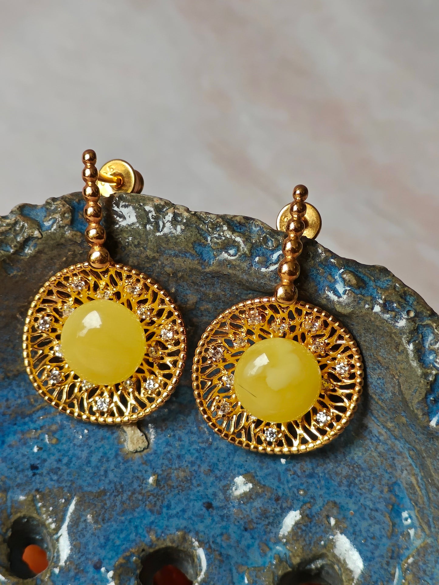 Supertree inspired Dangling Stud Earrings with Royal White Amber and Cubic Zirconias in Gold Plated Silver