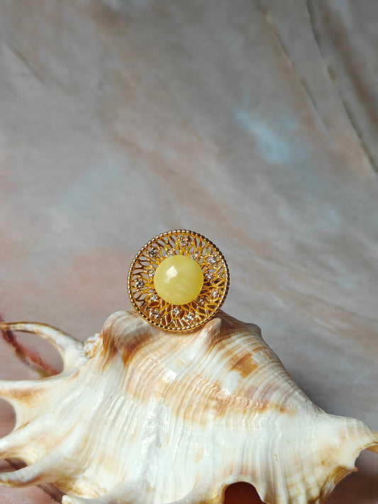 Supertree Ring with Royal White Amber and Cubic Zirconias in Gold Plated Silver