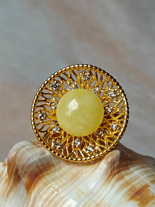 Supertree Ring with Royal White Amber and Cubic Zirconias in Gold Plated Silver