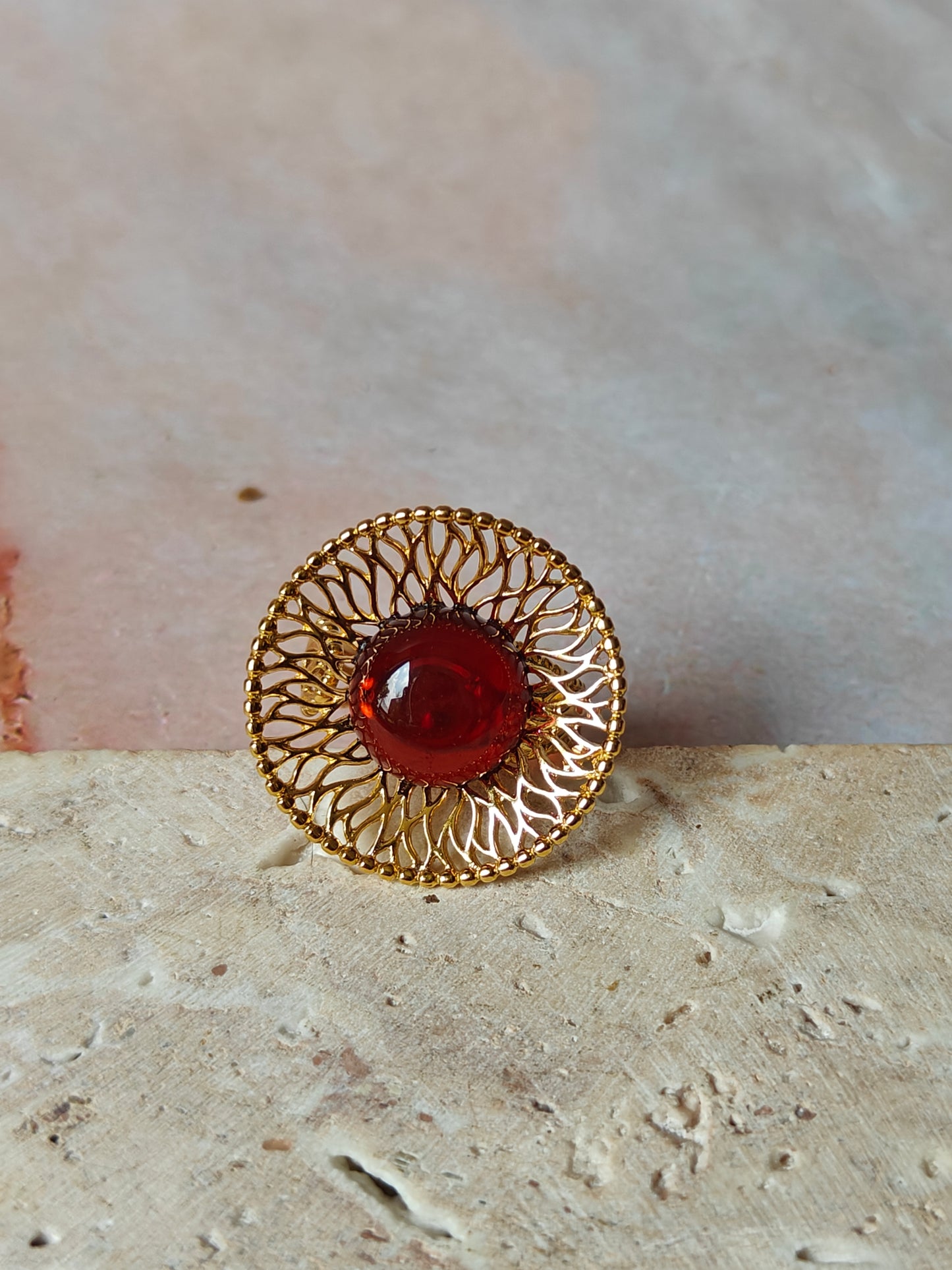 Supertree inspired Ring with Cherry Amber in Gold Plated Silver