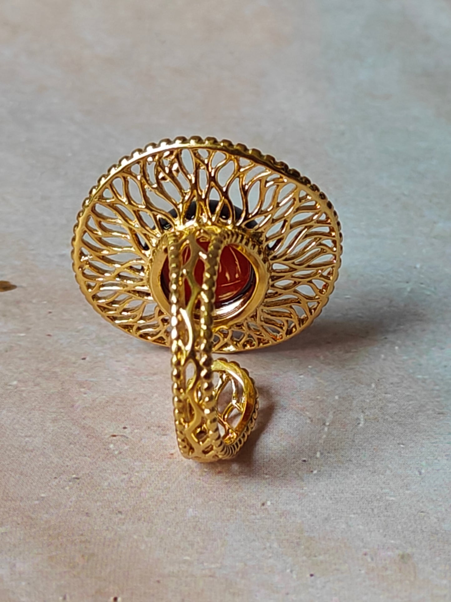 Supertree inspired Ring with Cherry Amber in Gold Plated Silver