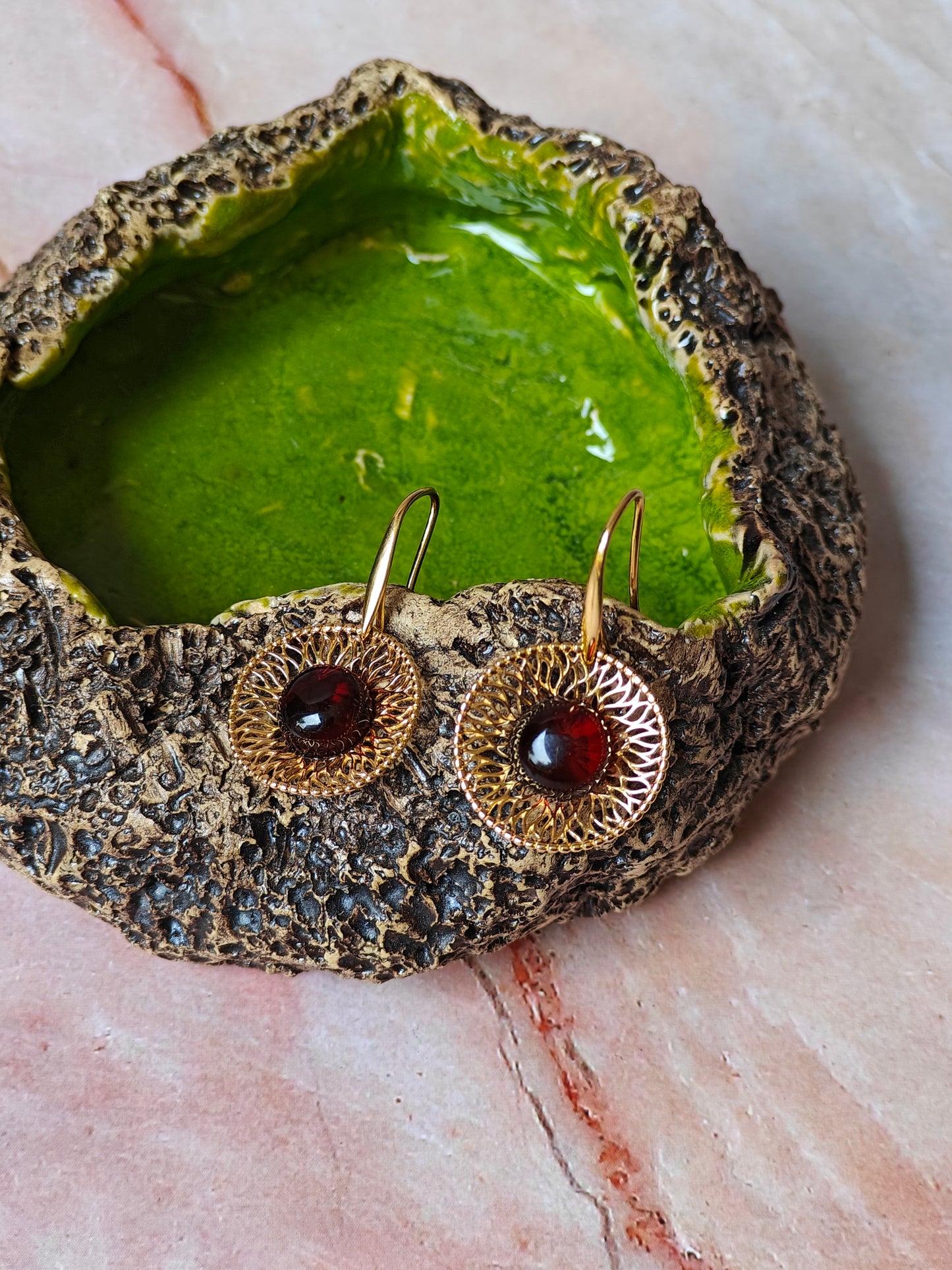 Supertree inspired Earrings with Cherry Amber in Gold Plated Silver