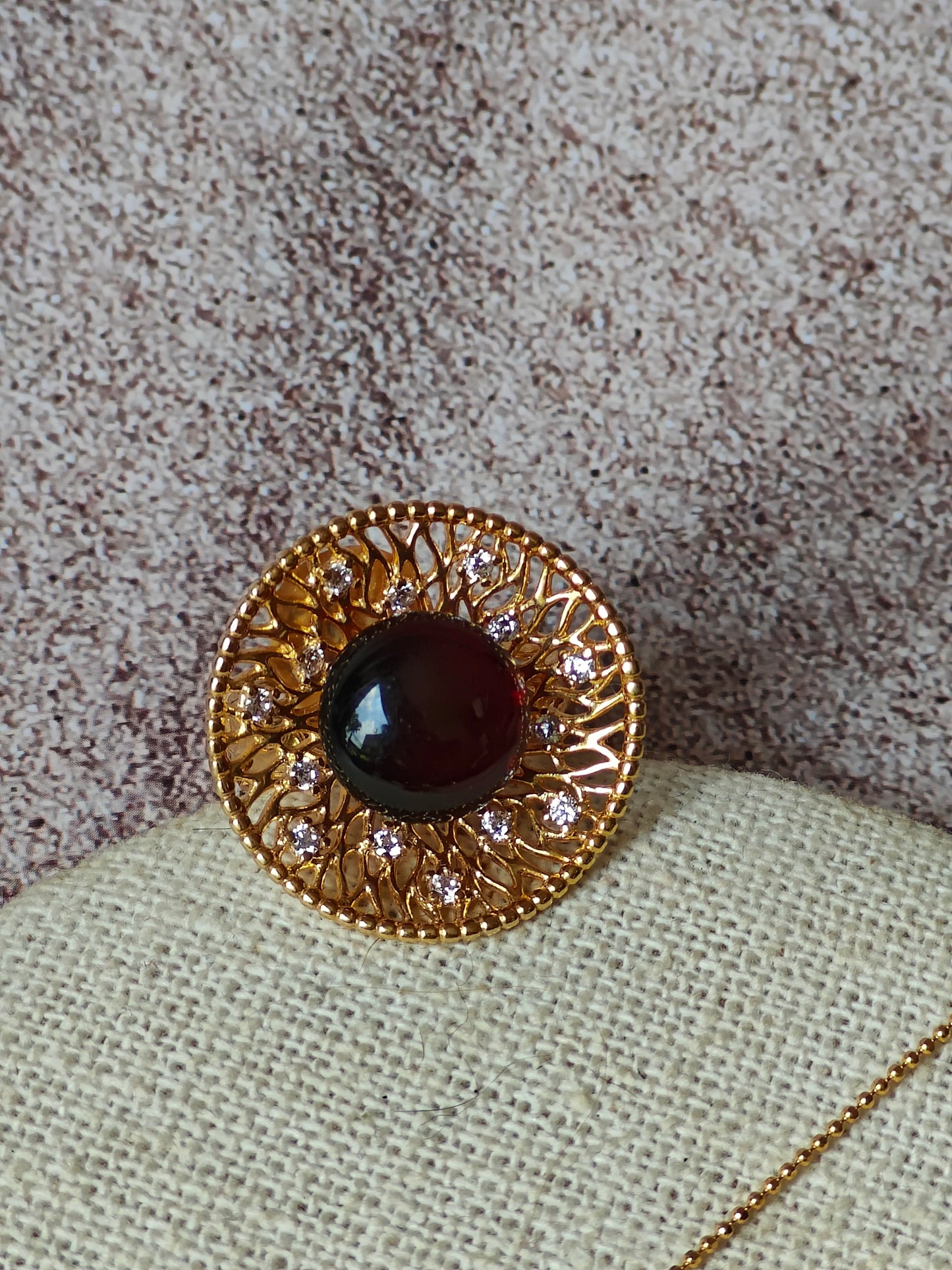 Supertree inspired Ring with Cherry Amber and Cubic Zirconias in Gold Plated Silver