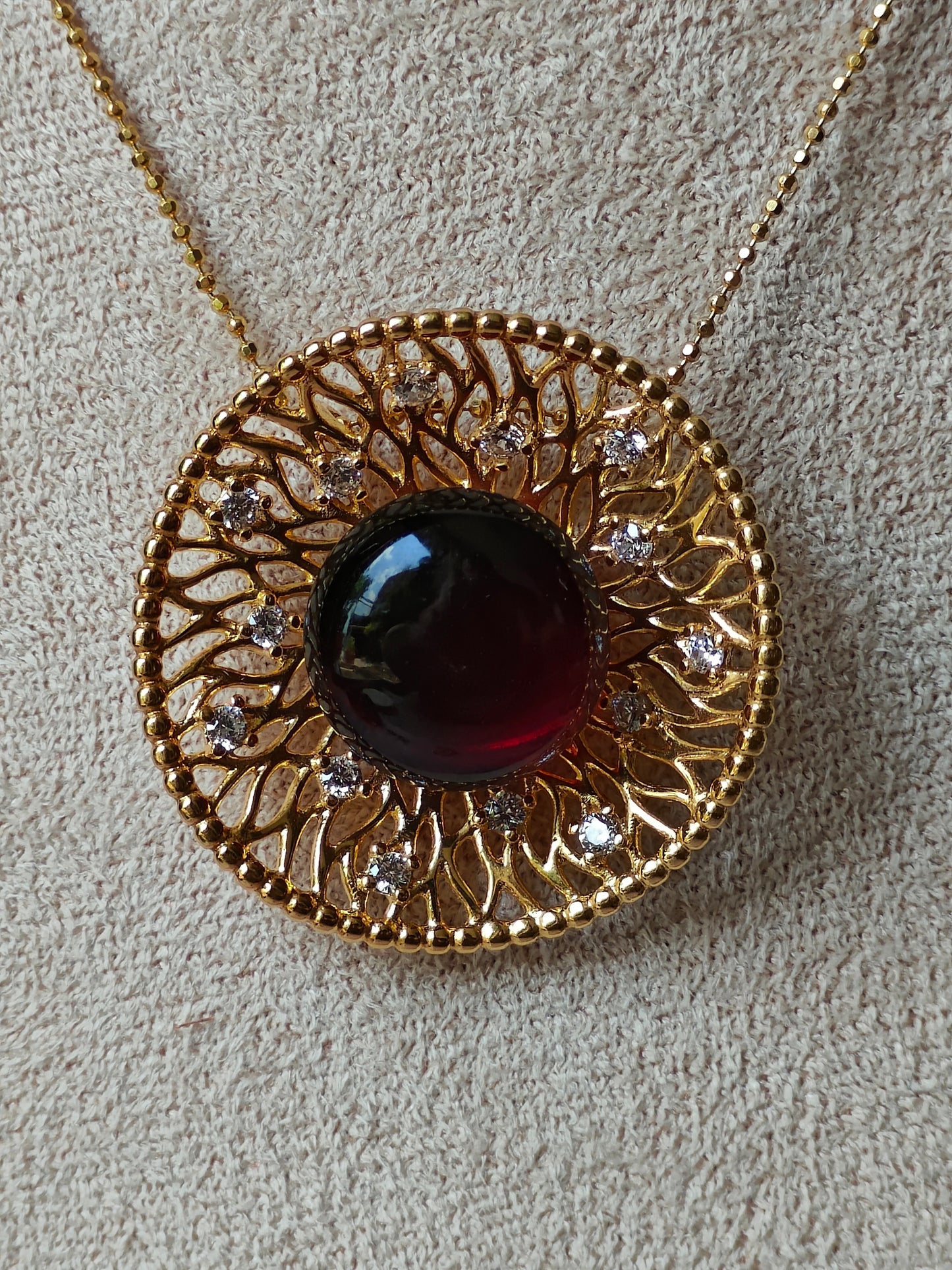 Supertree inspired Pendant with Cherry Amber and Cubic Zirconias in Gold Plated Silver