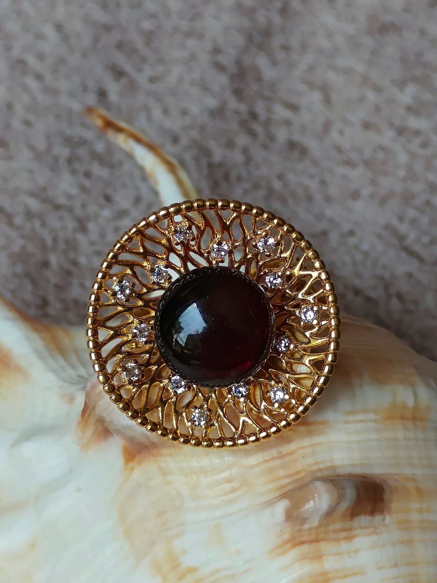 Supertree inspired Ring with Cherry Amber and Cubic Zirconias in Gold Plated Silver