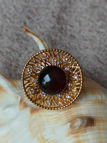 Supertree inspired Ring with Cherry Amber and Cubic Zirconias in Gold Plated Silver