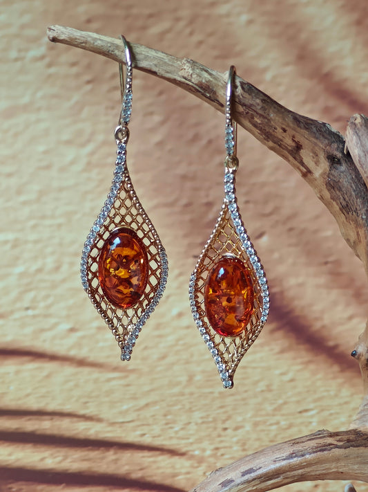 Marquise Shape Earrings with Natural Cognac Amber and Cubic Zirconias in Gold Plated Silver