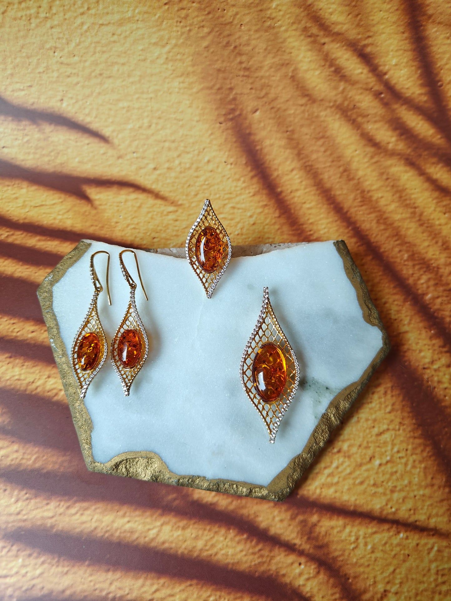 Marquise Shape Set with Natural Cognac Amber and Cubic Zirconias in Gold Plated Silver