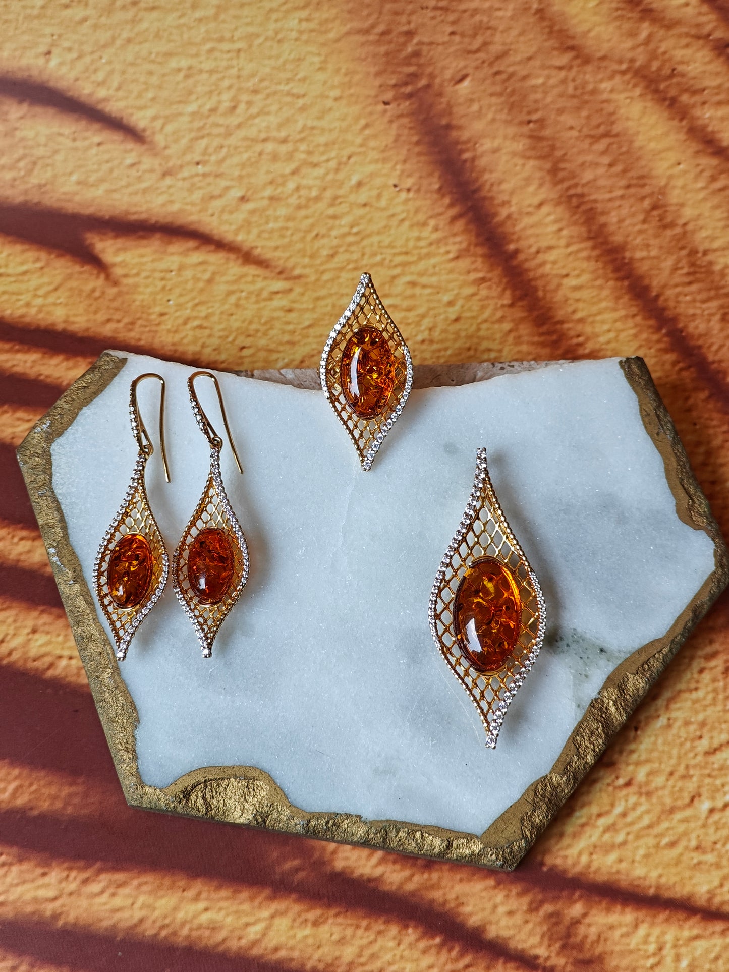 Marquise Shape Set with Natural Cognac Amber and Cubic Zirconias in Gold Plated Silver