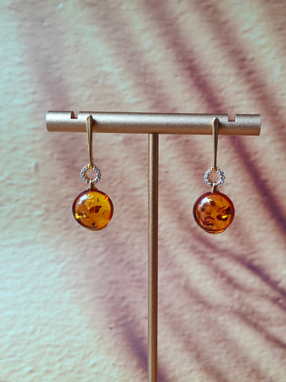 Round Cognac Amber Dangling Stud Earrings with Cubic Zirconias in Gold Plated Silver