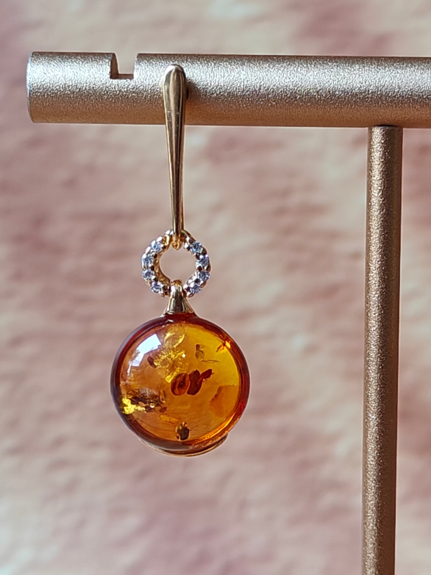 Round Cognac Amber Dangling Stud Earrings with Cubic Zirconias in Gold Plated Silver