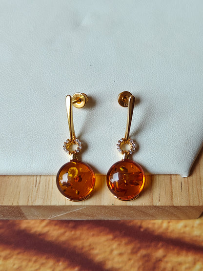 Round Cognac Amber Dangling Stud Earrings with Cubic Zirconias in Gold Plated Silver